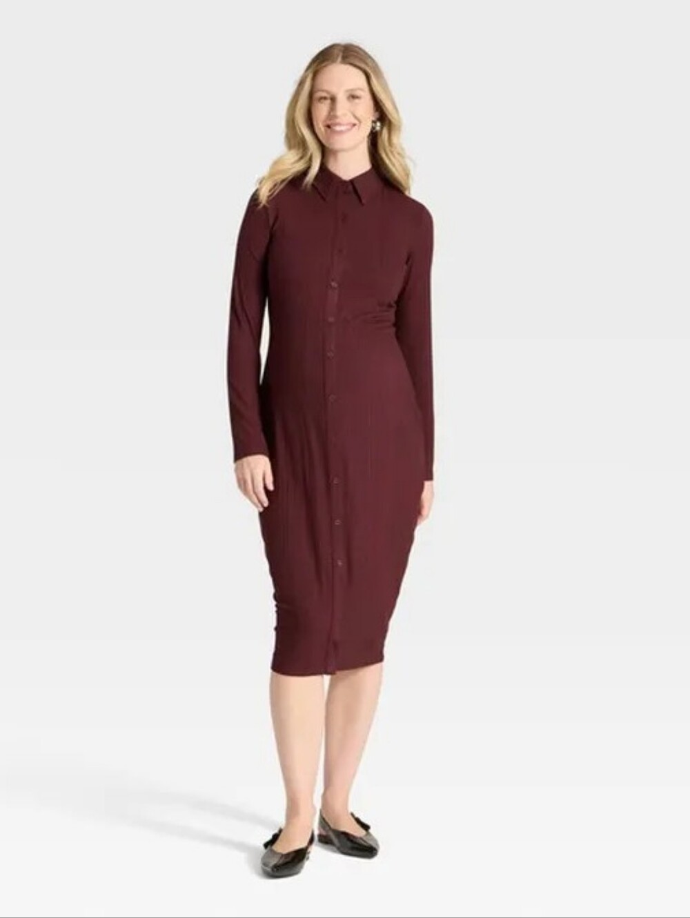 Isabel Maternity by Ingrid & Isabel Long Sleeve Button Down Ribbed Dress in Red